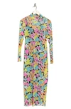 Afrm Shailene Floral Turtleneck Long Sleeve Mesh Dress In Sky Floral