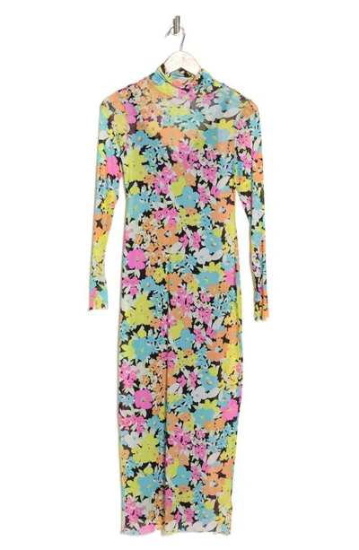 Afrm Shailene Floral Turtleneck Long Sleeve Mesh Dress In Sky Floral