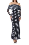 Afrm Thelma Off The Shoulder Long Sleeve Maxi Dress In Diagonal Dot