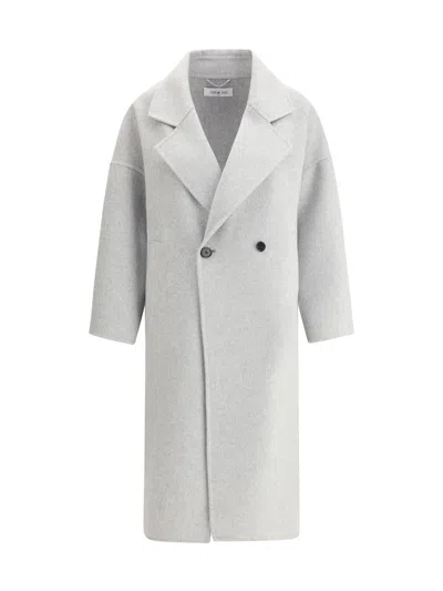 Aftercoat Double-breasted Long Coat In Grigio Chiaro Melange