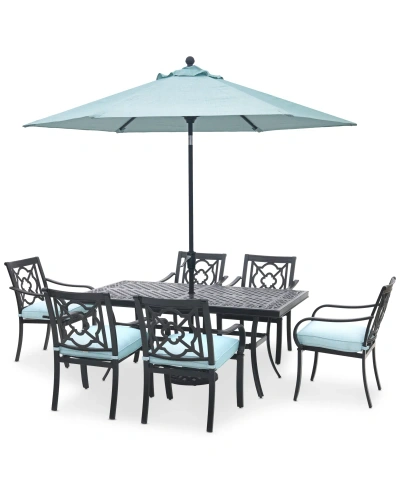 Agio St Croix Outdoor 7-pc Dining Set (68x38" Table + 4 Dining Chairs + 2 Swivel Chairs) In Spa Light Blue