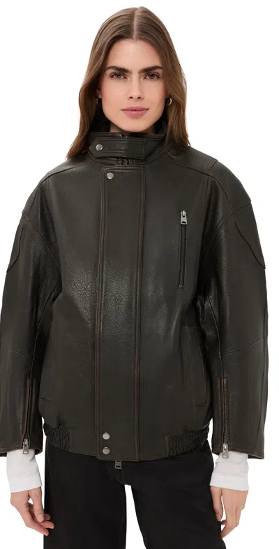Agolde Danver Lambskin Leather Moto Jacket Vintage Black In Brown