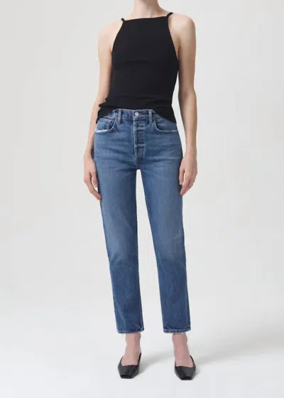 Agolde Riley Long High Rise Jeans In Moor In Blue