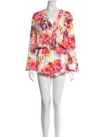 Pre-owned Agua Bendita Floral Print V-neck Romper In Red