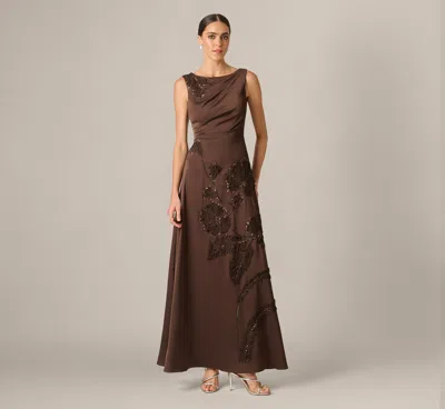 Aidan Mattox Floral Beaded Soutache Draped Satin Gown In Dark Mocha In Brown