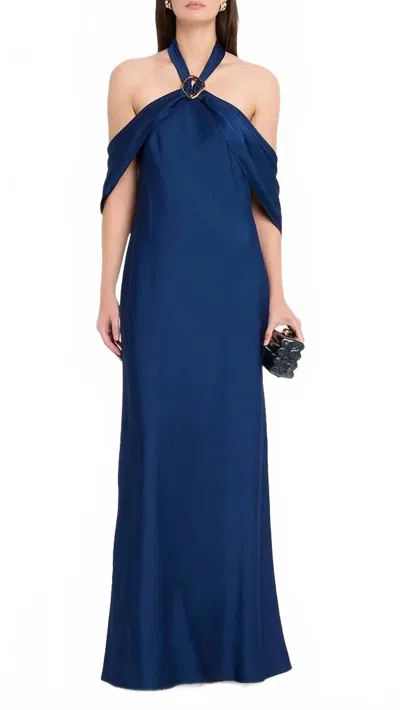 Aidan Mattox Satin Draped Shawl Halter Gown In Navy In Blue