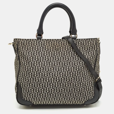 Pre-owned Aigner Black/grey Signature Canvas And Leather Tote