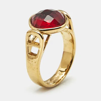 Pre-owned Aigner Logo Crystal Gold Tone Ring Size 54