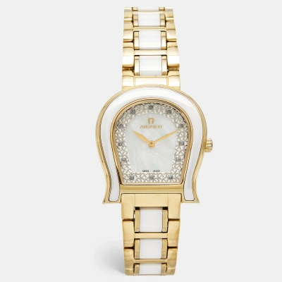 Pre-owned Aigner Mother Of Pearl White Ceramic Gold Plated Stainless Steel Altamura A56000 Women's Wristwatch 34 Mm