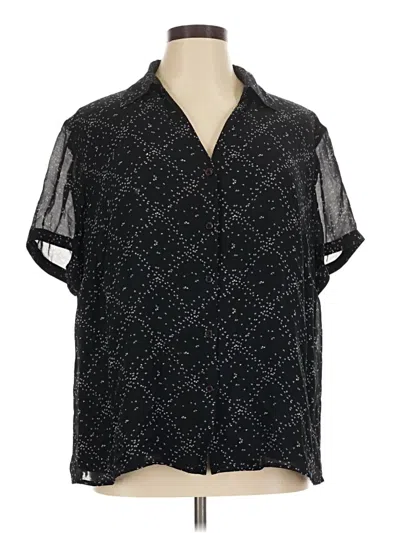 Pre-owned Ak Anne Klein Short Sleeve Silk Top Black Stars Pattern Collared Neckline Tops