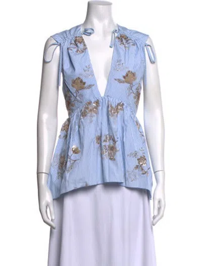 Pre-owned Aknvas Floral Print V-neck Top In Blue/white