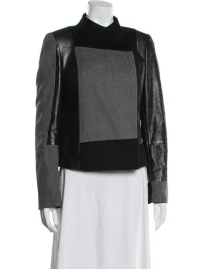Pre-owned Akris Calf Leather Colorblock Pattern Biker Jacket In Black/grey