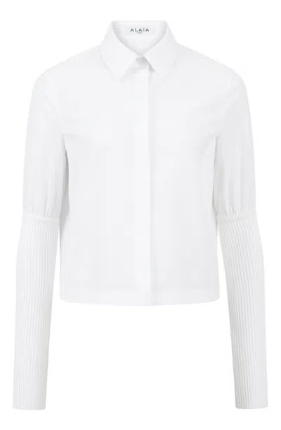 Alaïa Cotton Poplin Button-up Shirt With Ribbed Sleeves In White