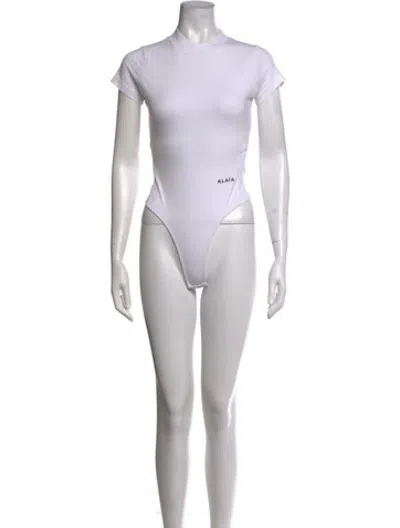 Pre-owned Alaïa Mock Neck Short Sleeve Bodysuit In White