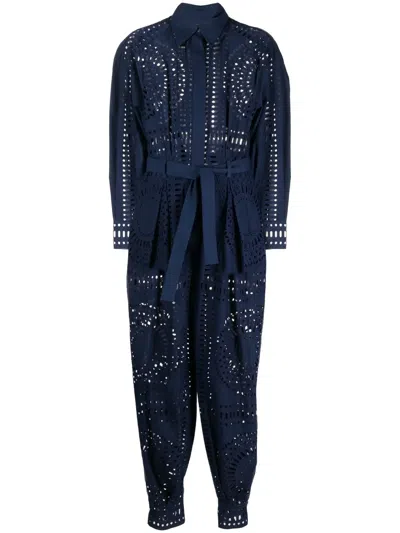 Alberta Ferretti Broderie Anglaise Belted Jumpsuit In Blue