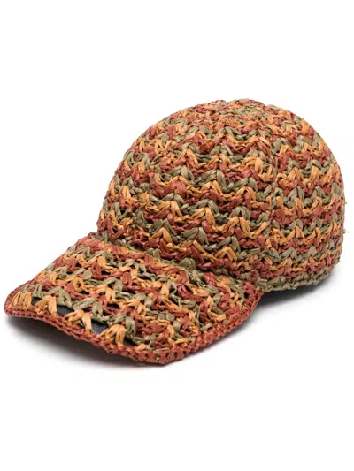 Alberta Ferretti Crochet-knit Raffia Cap In Brown