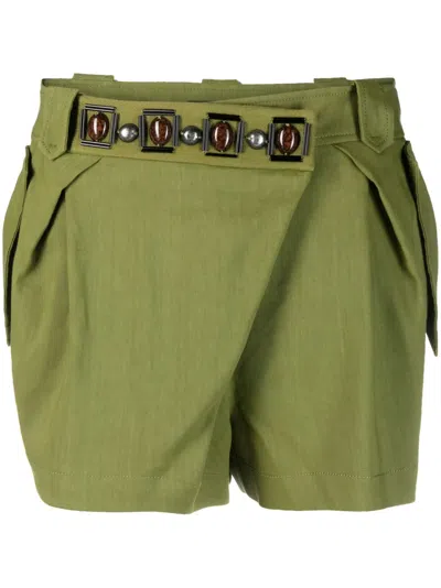 Alberta Ferretti Linen Blend Shorts With Gemstones In Verde