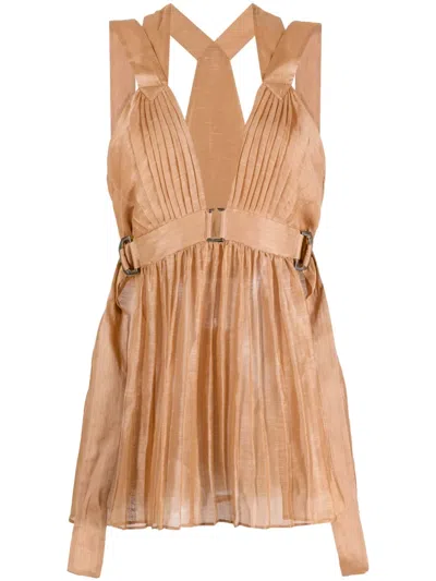Alberta Ferretti Pleated V-neck Sleeveless Blouse In Brown