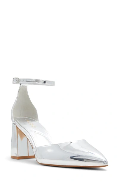 Aldo Jan Ankle Strap Pointed Toe Pump In Silver Mirror