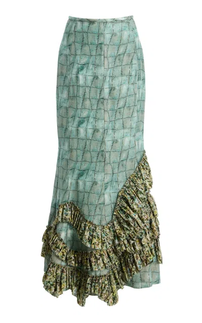 Alemais Alémais Sirena Ruffled Linen-silk Maxi Skirt In Blue