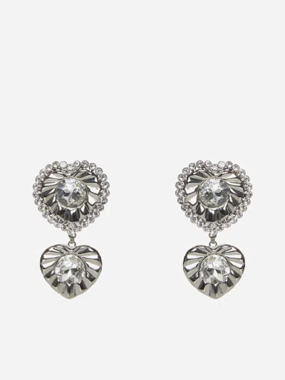 Alessandra Rich Crystal Double Heart Earrings In Crystal,silver