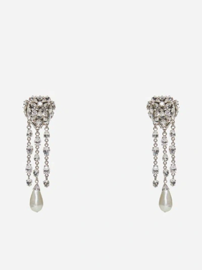 Alessandra Rich Crystal Pendant Heart Earrings In Cry Silver