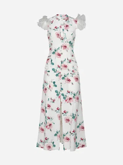 Alessandra Rich Rose Print Silk Long Dress In White