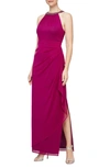 Alex Evenings Embellished Halter Ruched Column Formal Gown In Fuchsia