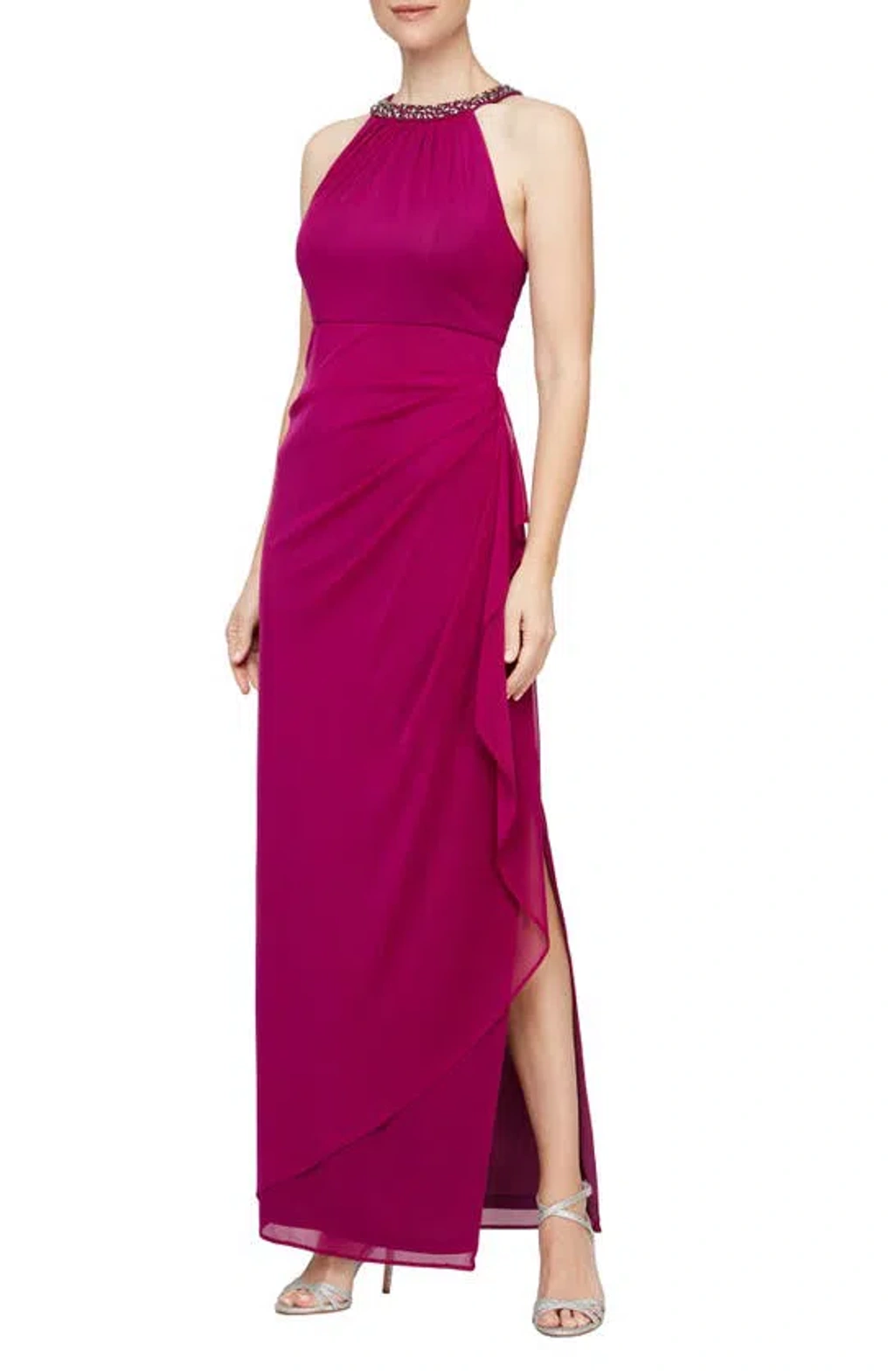 Alex Evenings Embellished Halter Ruched Column Formal Gown In Fuchsia |  ModeSens
