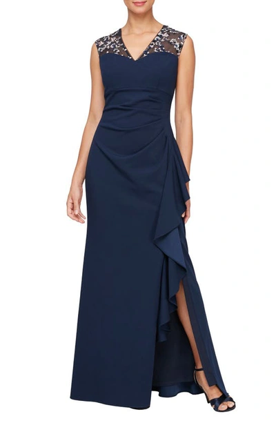 Alex Evenings Embroidered Sleeveless Gown In Navy/ Pink