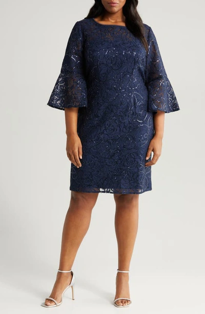 Alex Evenings Sequin Lace Long Sleeve Sheath Dress In Navy