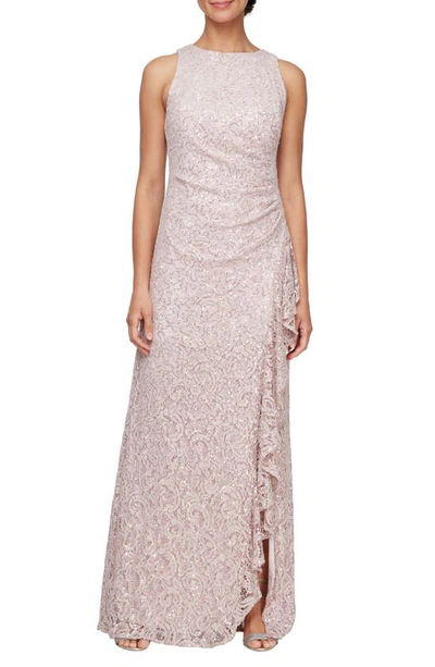 Alex Evenings Sequin Ruched Ruffle A-line Gown In Shell Pink