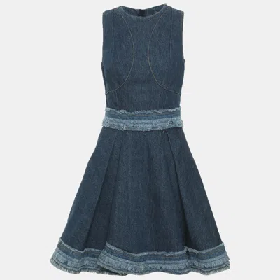 Pre-owned Alexander Mcqueen Blue Denim Raw Edge Flared Mini Dress S