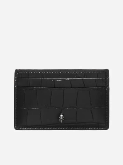 Alexander Mcqueen Crocodile-effect Leather Card Holder In Black