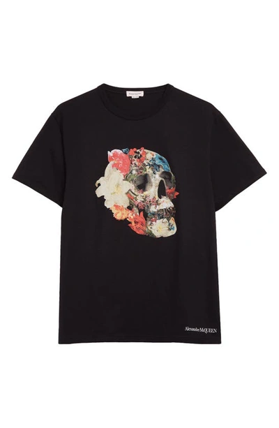Alexander Mcqueen Floral Skull Graphic T-shirt In Black/ White/ Red