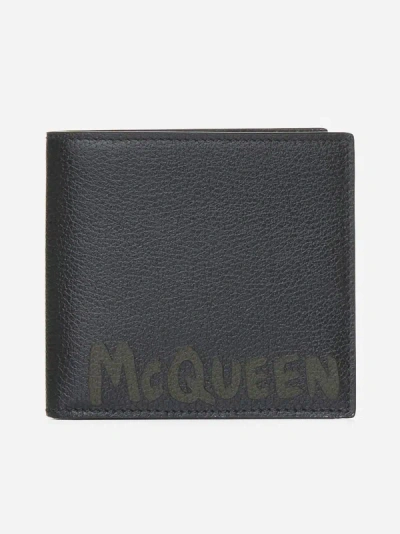 Alexander Mcqueen Logo Leather Bifold Wallet In Black,khaki