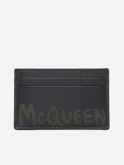 Alexander Mcqueen Logo Leather Card Holder In Black,khaki
