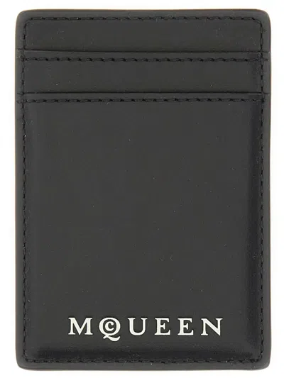 Alexander Mcqueen Magnetic Card Holder With Logo In Black