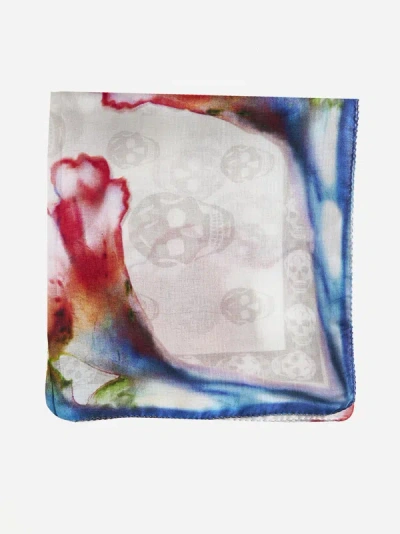 Alexander Mcqueen Skull And Floral Print Silk Scarf In Ivory,multicolor
