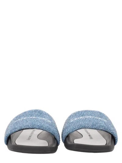Alexander Wang Slide Sandals With Wide Denim Strap And Contoured Footbed In Blue