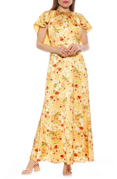 Alexia Admor Danica Capelet Sleeve Satin Maxi Dress In Yellow Floral