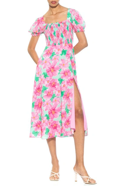 Alexia Admor Iris Smocked Short Sleeve Midi Dress In Pink Floral