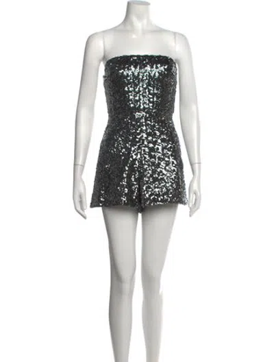 Pre-owned Alexis Patterned Strapless Romper In Black/metallic/silver