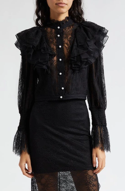 Alice And Olivia Delpha Ruffle Lace Blouson Sleeve Crop Top In Black