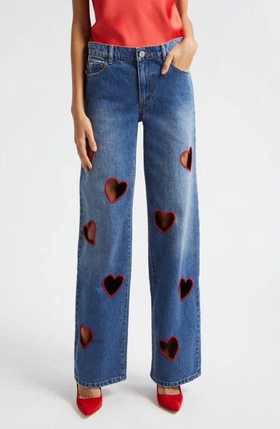 Alice And Olivia Karrie Embroidered Heart Cutout Nonstretch Jeans In True Blues Dark