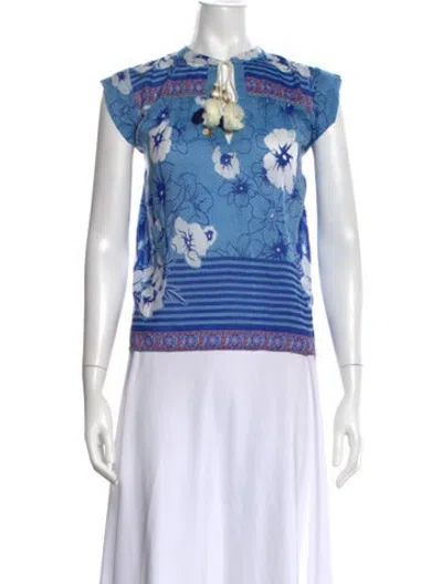 Pre-owned Alicia Bell Floral Print Tie Neck Top W/ Tags In Blue
