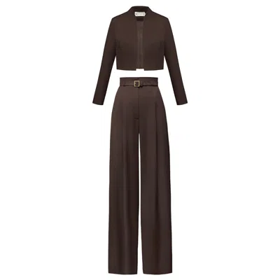 Alina Cernatescu Shanti Dark Brown Office & Cocktail Set: Cropped Jacket & Palazzo Pants