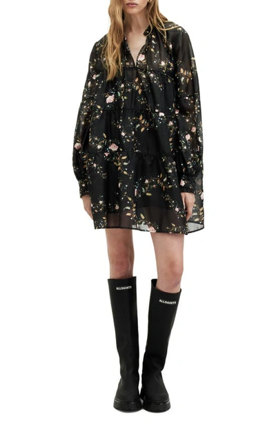 Allsaints Mindy Floral Long Sleeve Trapeze Minidress In Black