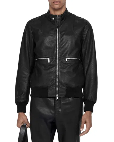Allsaints Miro Leather Perforated Bomber Jacket In Black