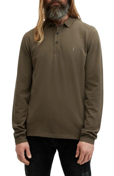 Allsaints Reform Long Sleeve Ramskull Polo Shirt In Ash Khaki Green